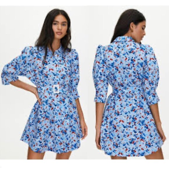 Aritzia Little Moon Sweetie Dress Oak/Porcelaine Blue A-line Puff Slv Mini  Sz 4 - Picture 1 of 16